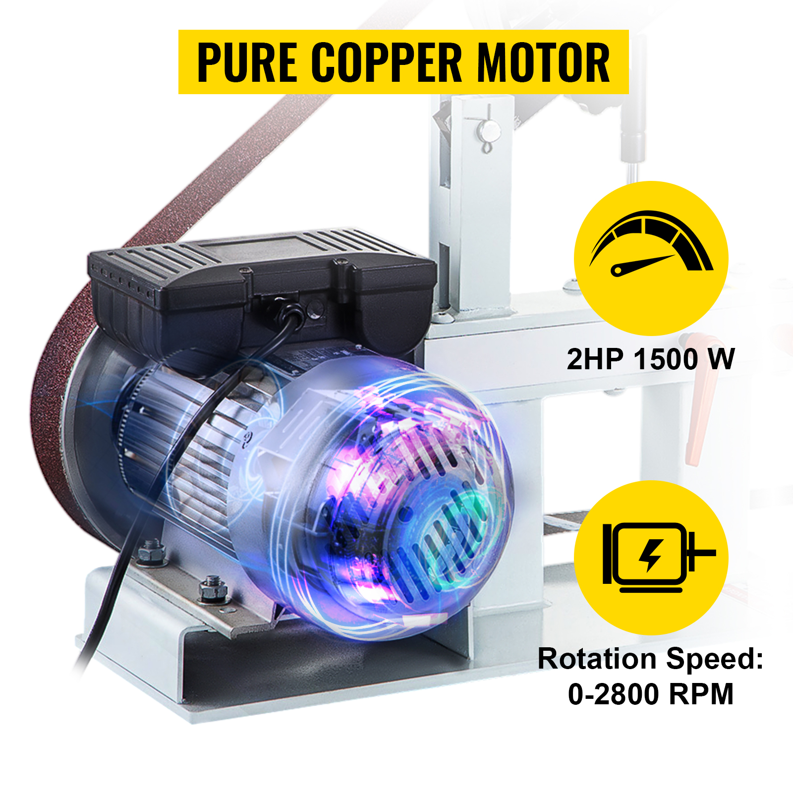 Стрічкова шліфувальна машина VEVOR 2HP з двигуном з чистої міді, 2 к.с., потужністю 1500 Вт та швидкістю 0-132800 об/хв.