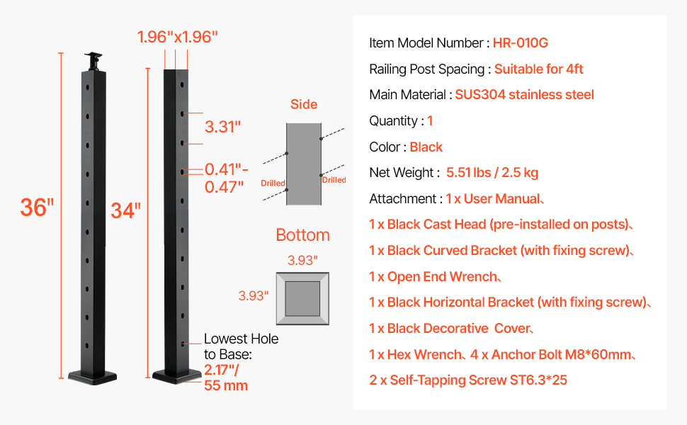 VEVOR Cable Railing Post 36x2x2 In with 30° Angled Holes ...