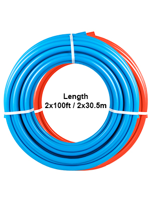 Blaue und rote VEVOR-Pex-Schläuche aufgerollt, 2 x 100 Fuß/2 x 30,5 m Länge.