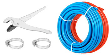 Pex-Schlauchsatz mit blauen und roten VEVOR-Pex-Schläuchen, Metallklammern und einem weißen Cutter.