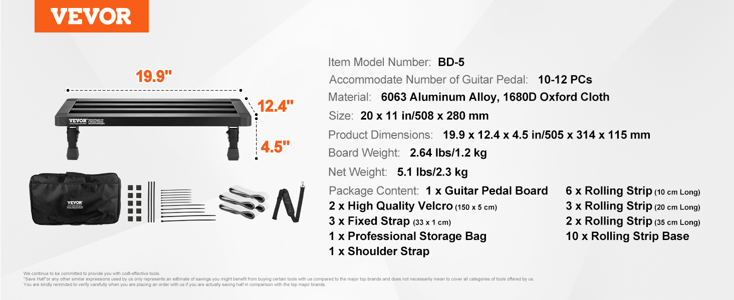 VEVOR guitar pedal board bd-5, aluminum, 19.9"x12.4"x4.5", includes accessories and storage bag.
