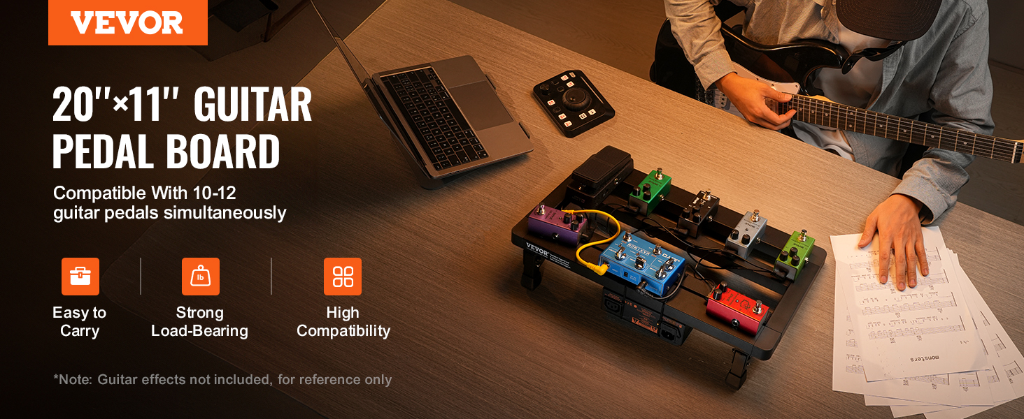 VEVOR guitar pedal board, 20"x11", compatible with 10-12 guitar pedals, shown with musician.