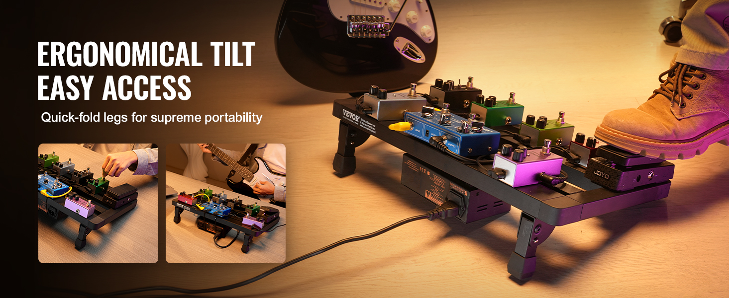 ergonomic VEVOR guitar pedal board with quick-fold legs, showcasing easy access and portability features.