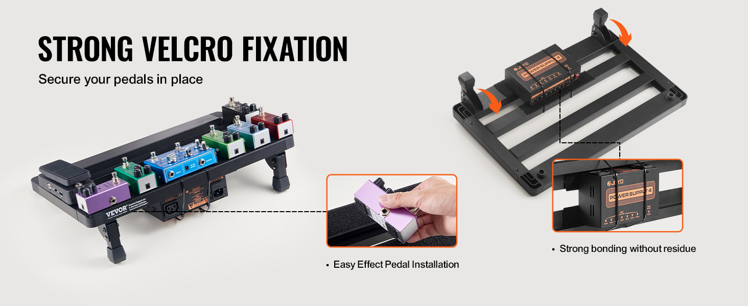 VEVOR guitar pedal board with strong velcro fixation, easy effect pedal installation, and residue-free bonding.