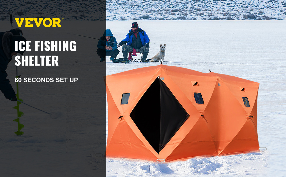 VEVOR ice fishing shelter set up on snow with people and dog in the background.