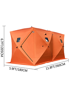orange VEVOR ice fishing shelter with dimensions 6.7ft x 11.8ft x 5.9ft.