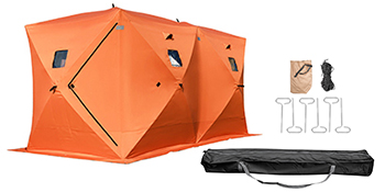 orange VEVOR ice fishing shelter with accessories, including anchors and carrying case.