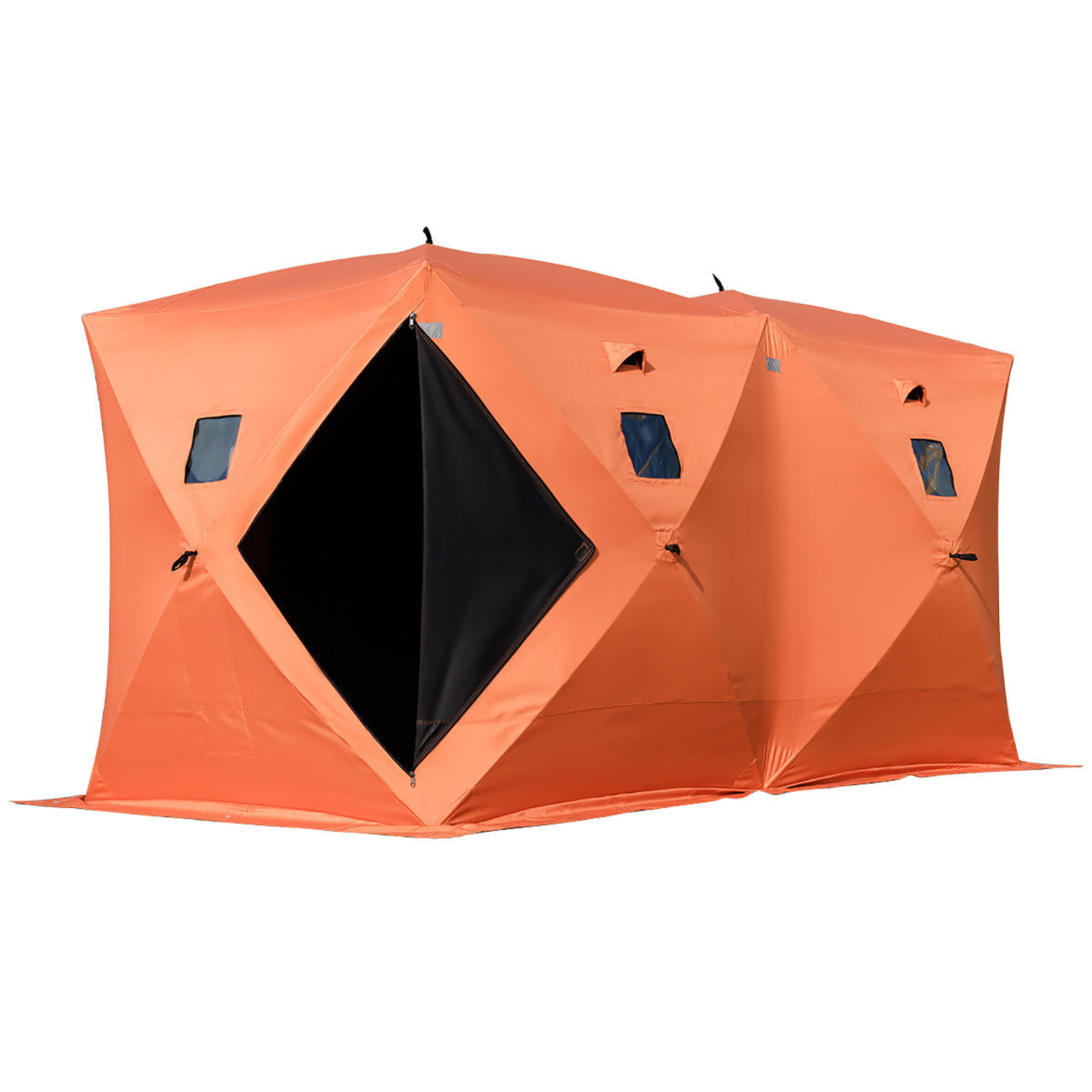 orange VEVOR ice fishing shelter with several windows and a large front door.
