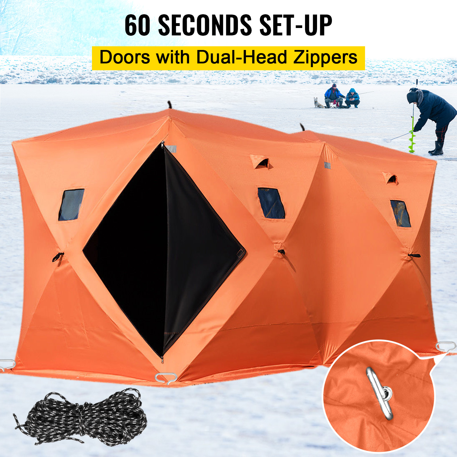orange VEVOR ice fishing shelter with dual-head zippers set up on snowy terrain.