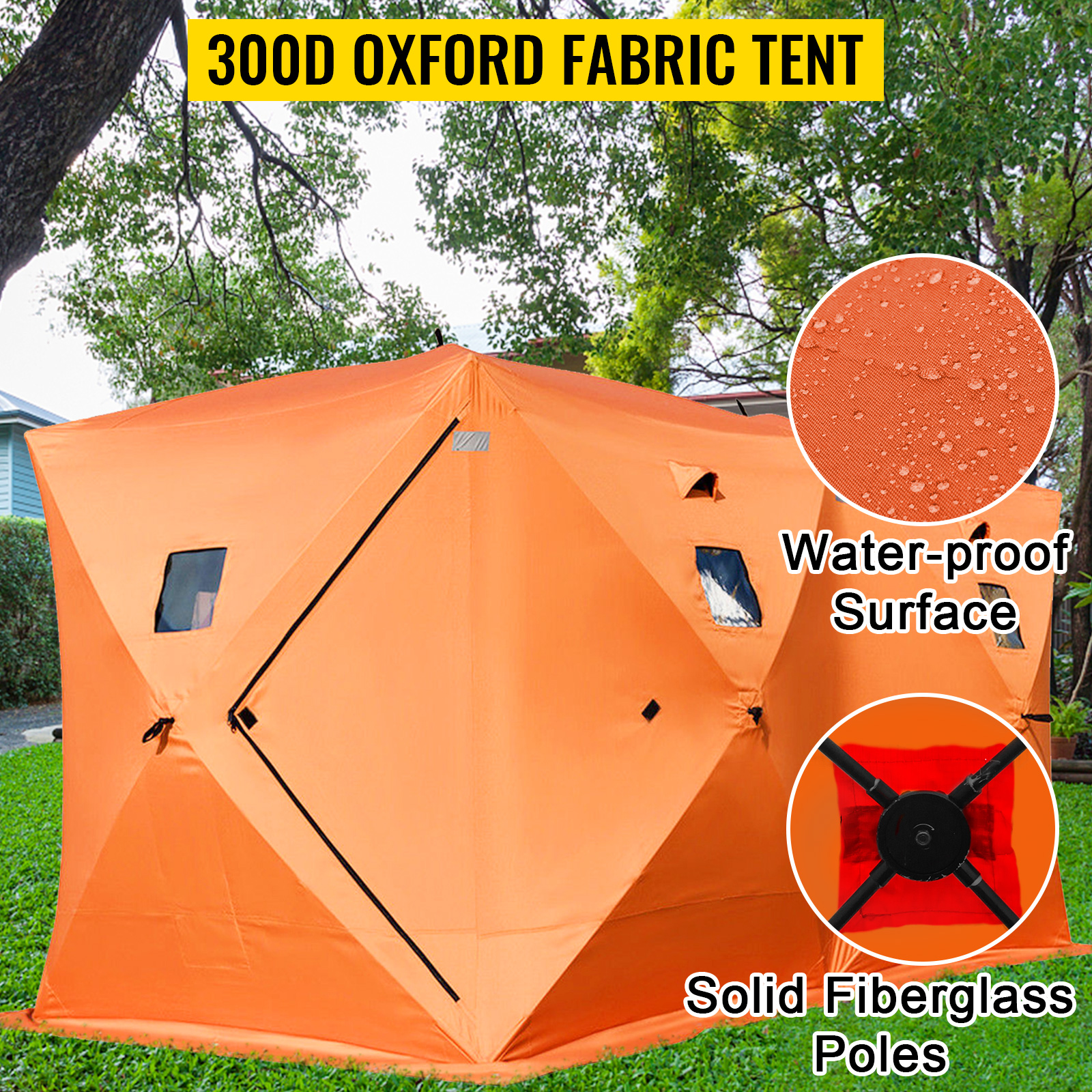 orange VEVOR ice fishing shelter with waterproof surface and solid fiberglass poles.