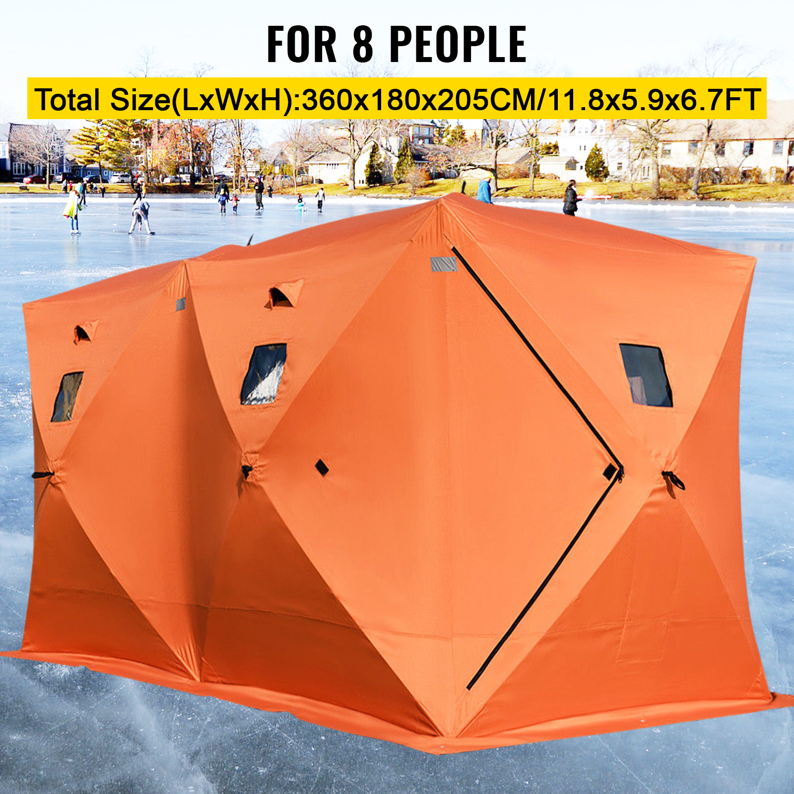 orange VEVOR ice fishing shelter for 8 people, set on a frozen lake backdrop.