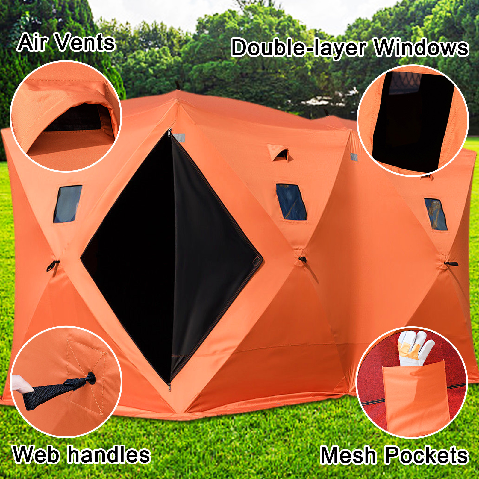 orange VEVOR ice fishing shelter with air vents, windows, web handles, and mesh pockets.
