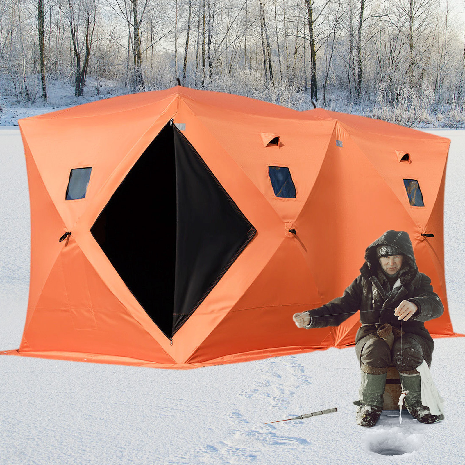 orange VEVOR ice fishing shelter in snowy landscape with person ice fishing.