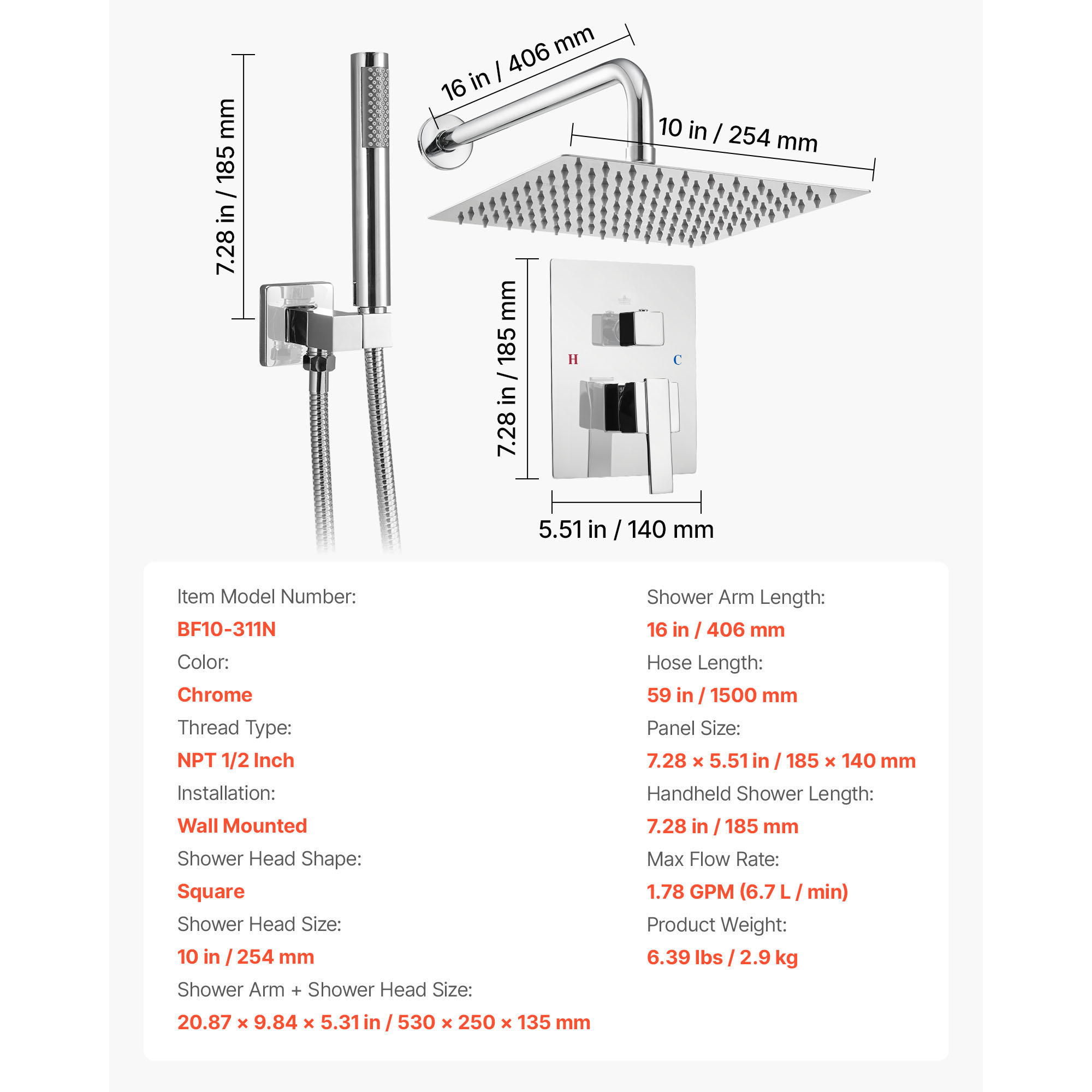 Uimoso Shower Faucet Set with Square/Round Rain Head & Handheld Options