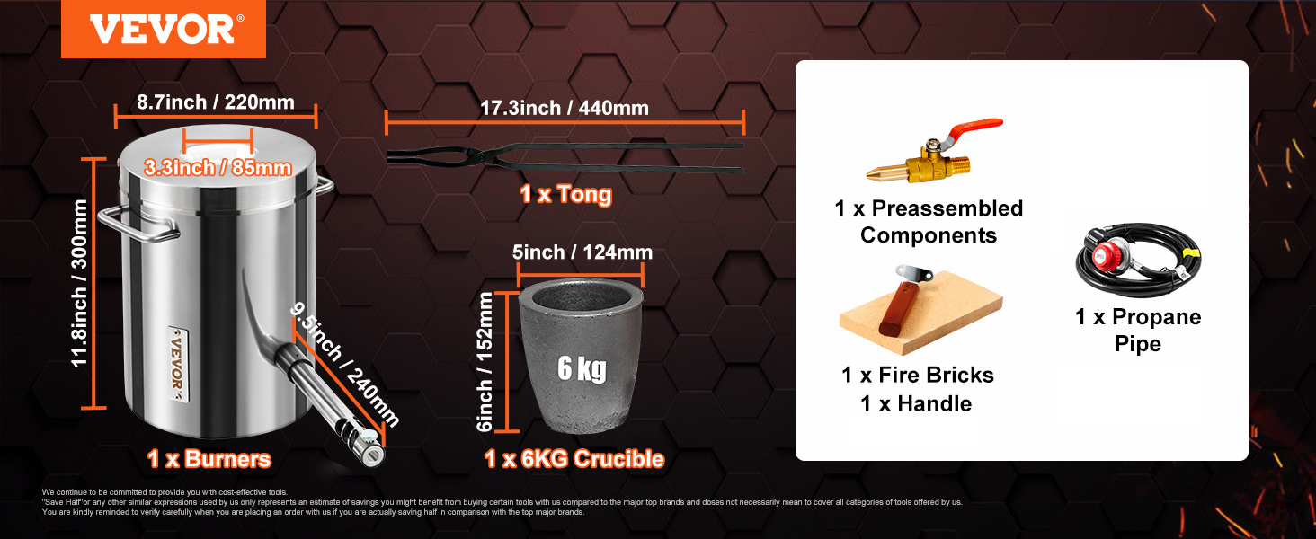 VEVOR propane smelting furnace set with burner, tong, crucible, fire bricks, handle, and propane pipe.