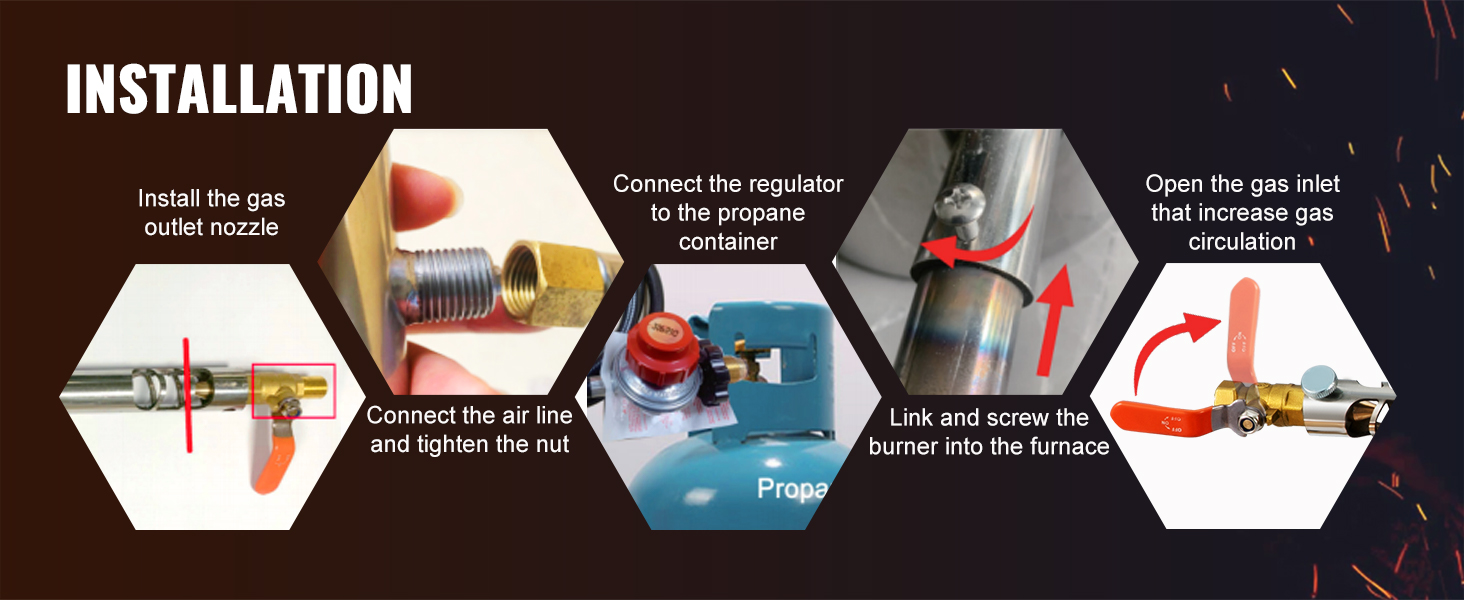 installation guide for VEVOR propane smelting furnace: connect gas nozzle, regulator, and burner for use.