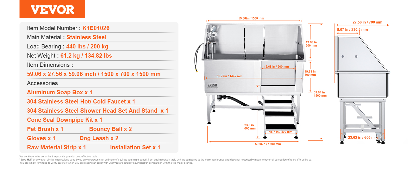 VEVOR dog grooming tub, stainless steel, 440 lbs load, 59.06 x 27.56 x 59.06 in dimensions. includes faucet.