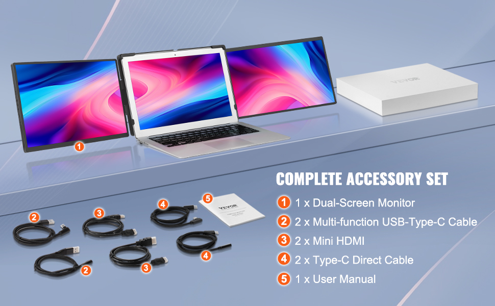 Розширювач екрана ноутбука VEVOR з двома моніторами, кабелями USB-Type-C, Mini HDMI та посібником користувача.