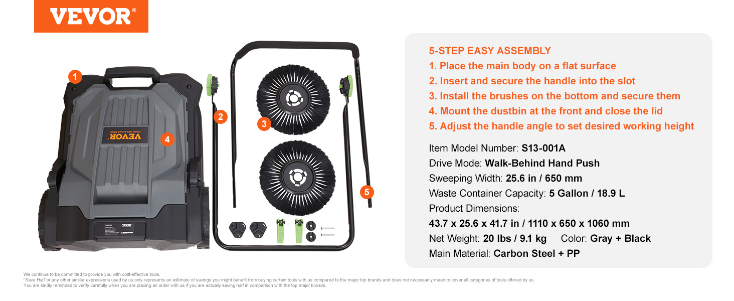 VEVOR floor sweeper assembly guide showcasing parts, including main body, handle, brushes, and instructions.