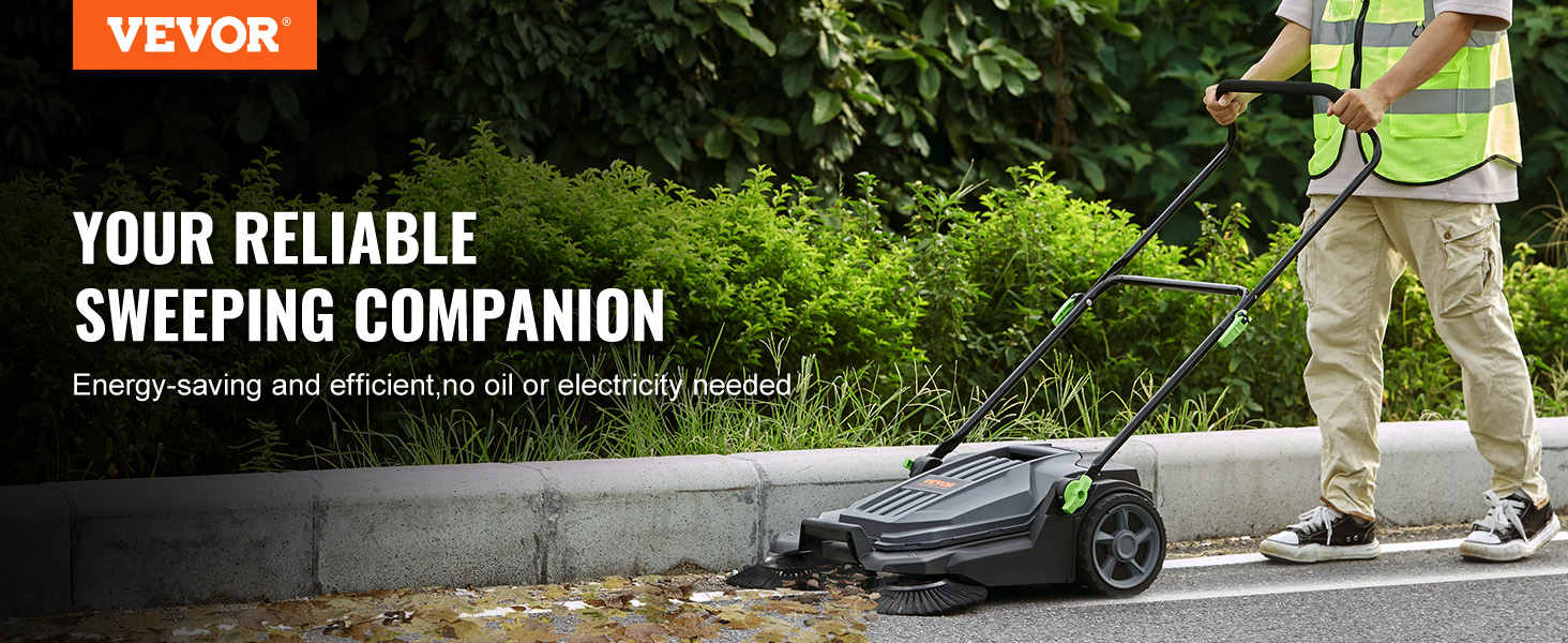 person using VEVOR floor sweeper on roadside, promoting energy-saving and efficient cleaning.