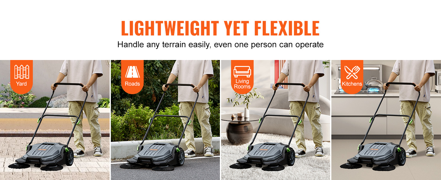VEVOR floor sweeper used in yard, roads, living rooms, and kitchens, demonstrating versatility and ease.