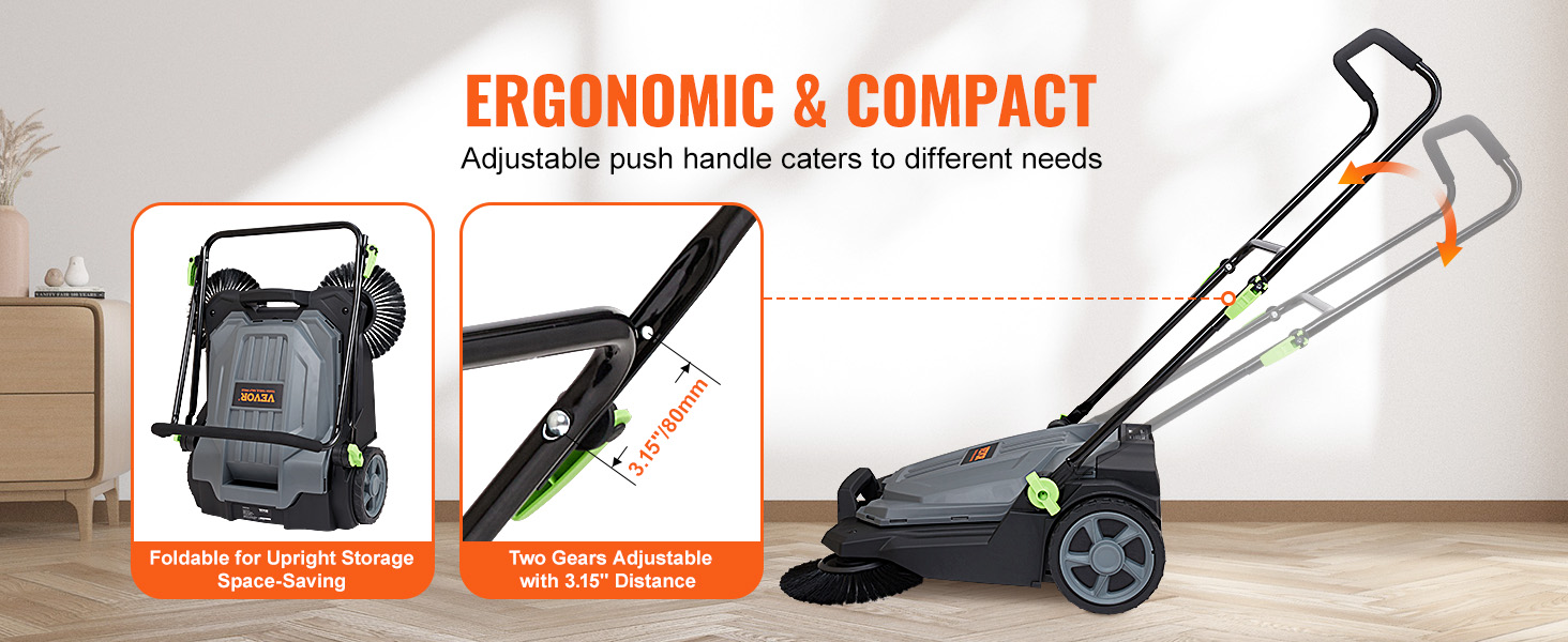 VEVOR floor sweeper with adjustable push handle, foldable design, and two gears for easy storage.