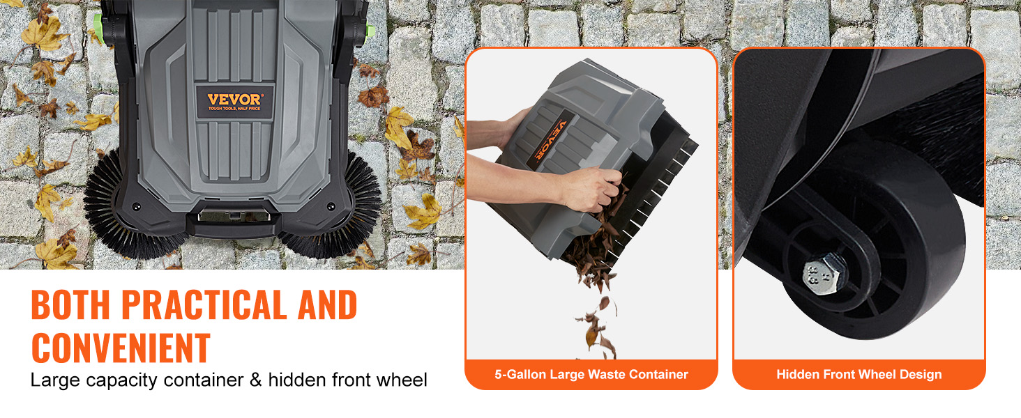 VEVOR floor sweeper: 5-gallon waste container, hidden front wheel, and dual brushes for leaf cleaning.