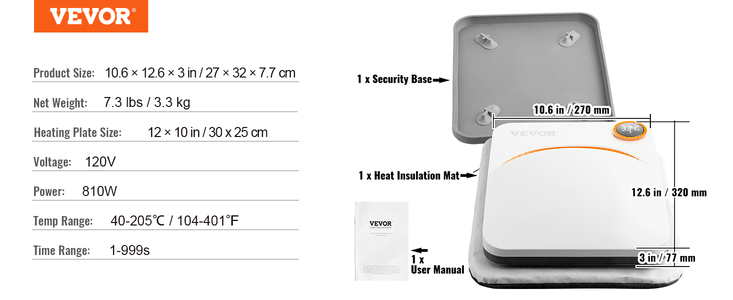Máquina de prensado térmico VEVOR con base de seguridad, tapete de aislamiento térmico y manual de usuario.