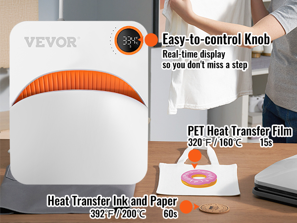 Máquina de prensado térmico VEVOR con perilla de fácil control y pantalla en tiempo real, utilizada para transferencia de calor de mascotas y transferencia de tinta.