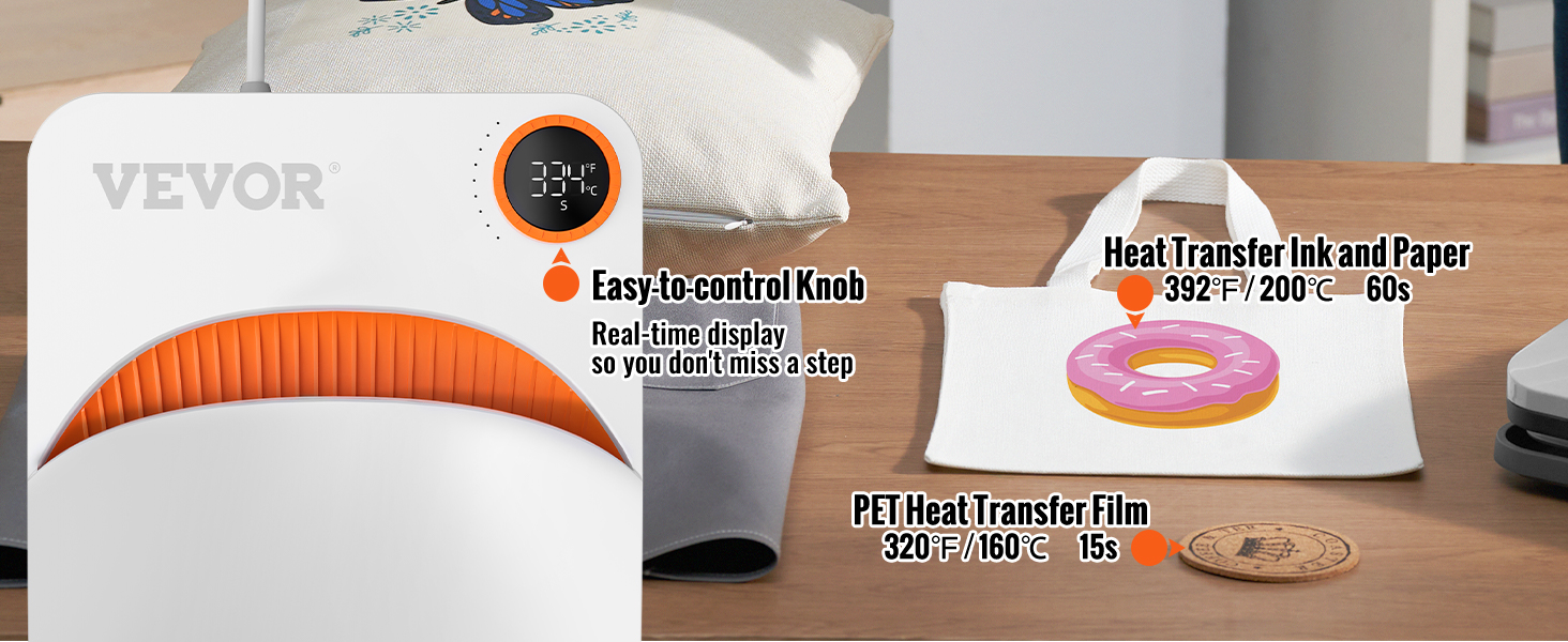 Máquina de prensado térmico VEVOR con perilla de fácil control y pantalla en tiempo real, utilizada para transferencia de calor de mascotas y transferencia de tinta.
