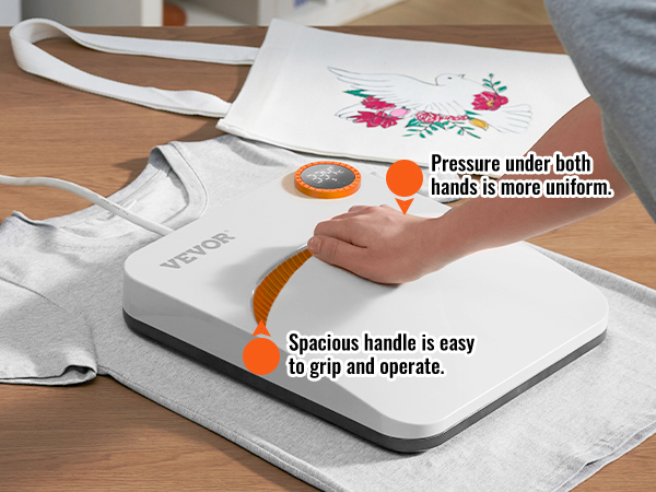 Máquina de prensado térmico VEVOR con mango ergonómico para una presión uniforme, ideal para la impresión de camisetas.