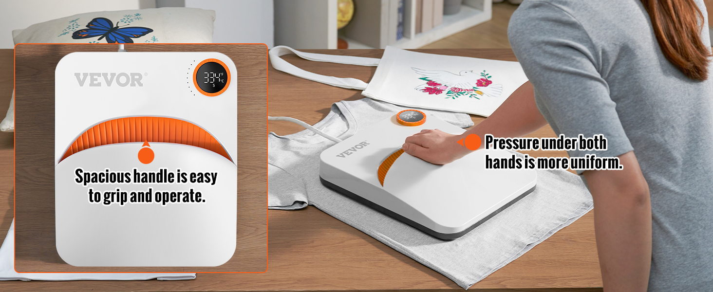 Máquina de prensado térmico VEVOR con mango ergonómico para una presión uniforme, ideal para la impresión de camisetas.