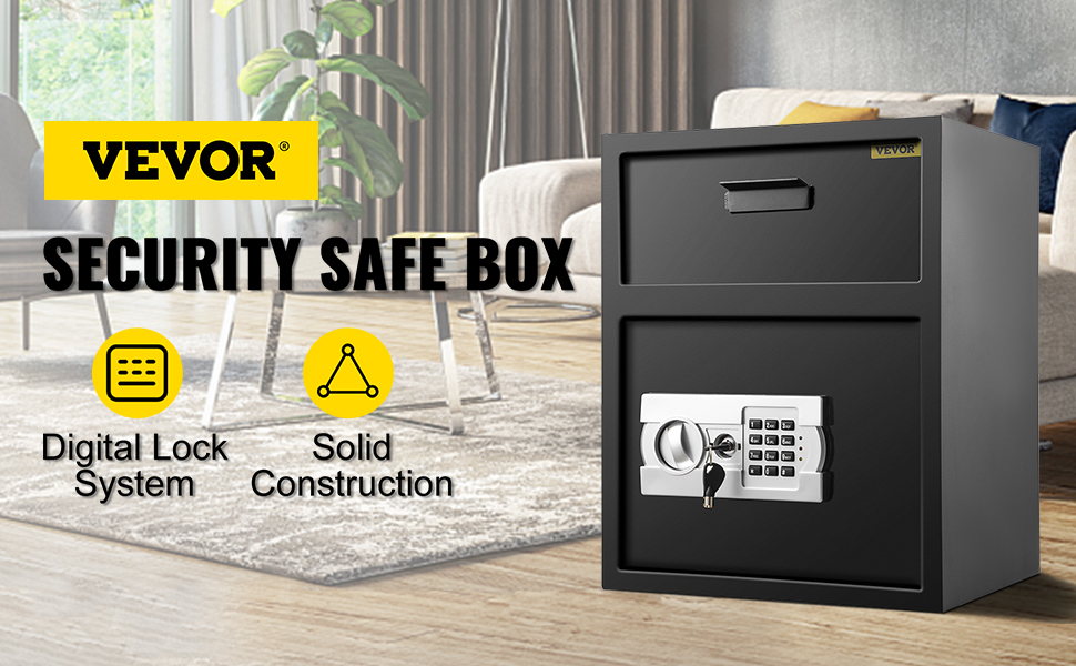 VEVOR depository safe with digital lock system and solid construction in living room.