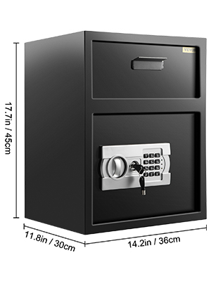 VEVOR depository safe, black, keypad and key lock, dimensions 17.7x14.2x11.8 inches.