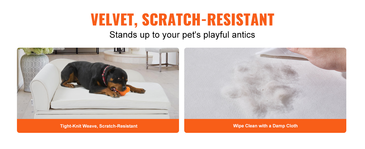 dog lying on white velvet scratch-resistant VEVOR pet sofa, cleaning fur with a damp cloth.