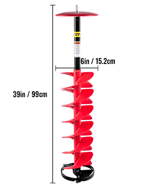 VEVOR ice drill auger with red blades, 39in/99cm height, 6in/15.2cm width.