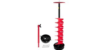 VEVOR ice drill auger with red blades and black base, parts, and accessories.