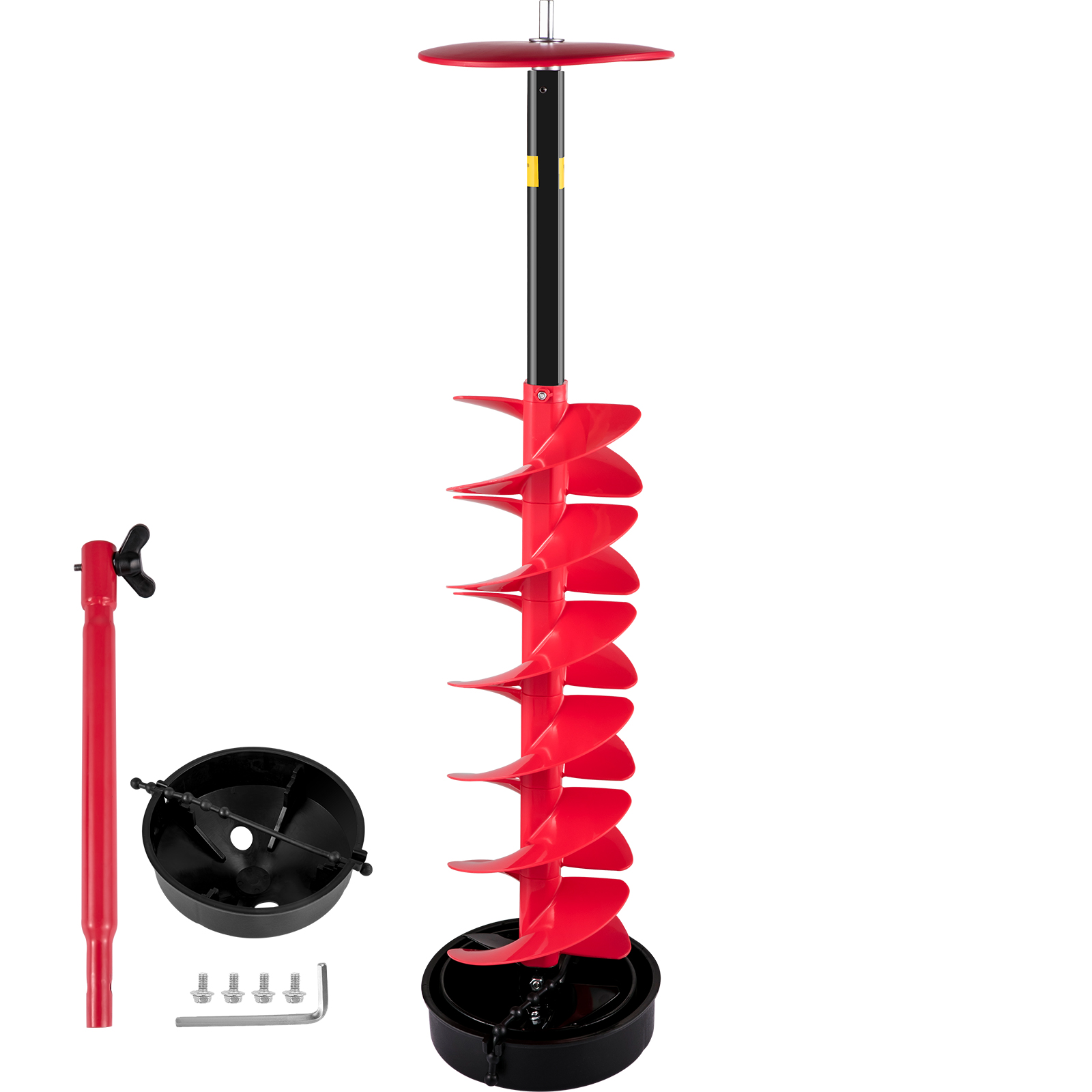 VEVOR ice drill auger with red blades, handle, and assembly parts.
