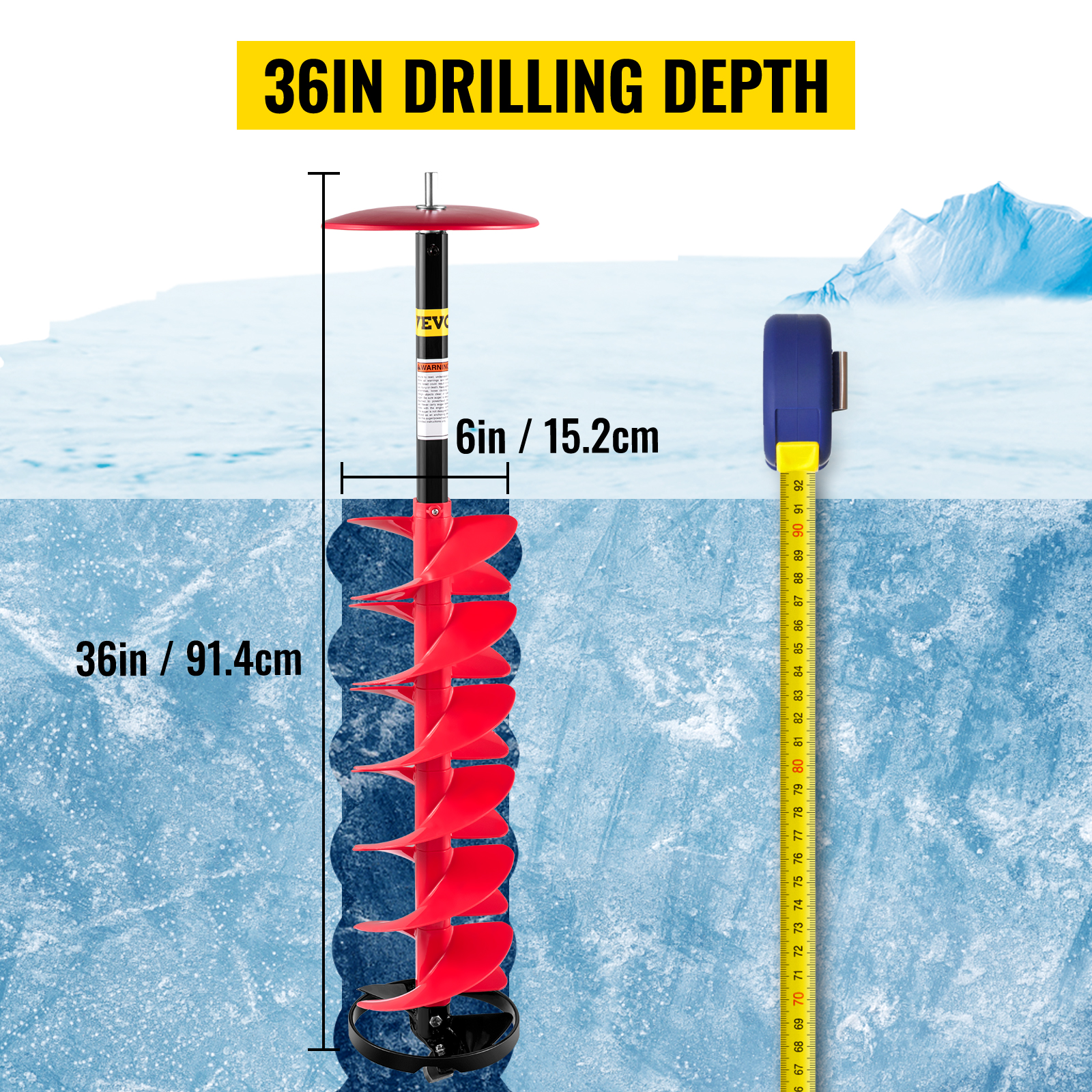 VEVOR ice drill auger with 36in drilling depth and 6in width on ice background.