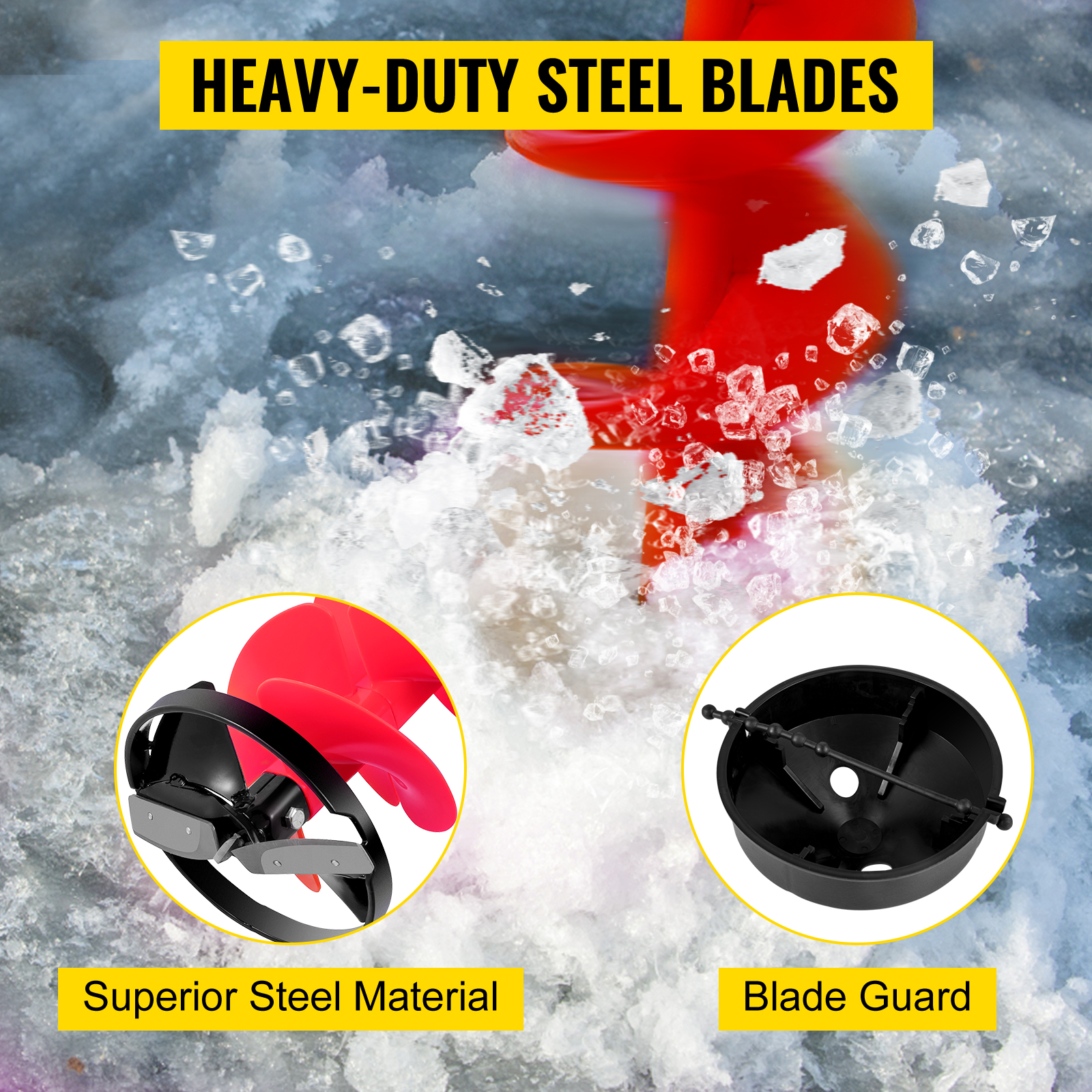 VEVOR ice drill auger with heavy-duty steel blades, superior material, and blade guard.