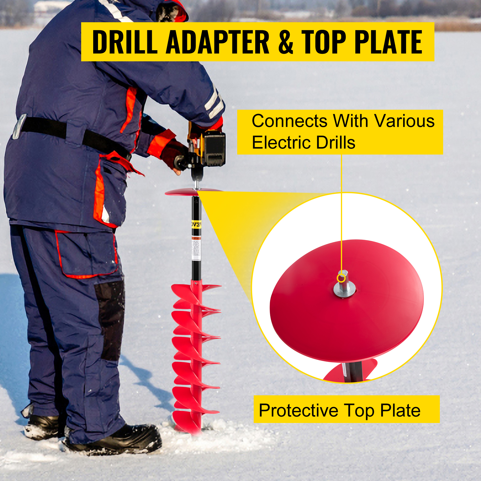 man using VEVOR ice drill auger with protective top plate on snowy surface.