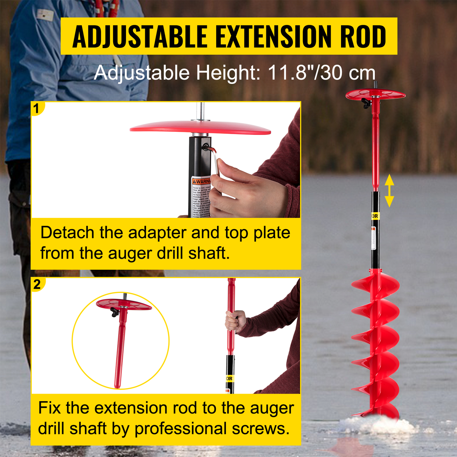 adjustable VEVOR ice drill auger with extension rod in use on frozen lake.