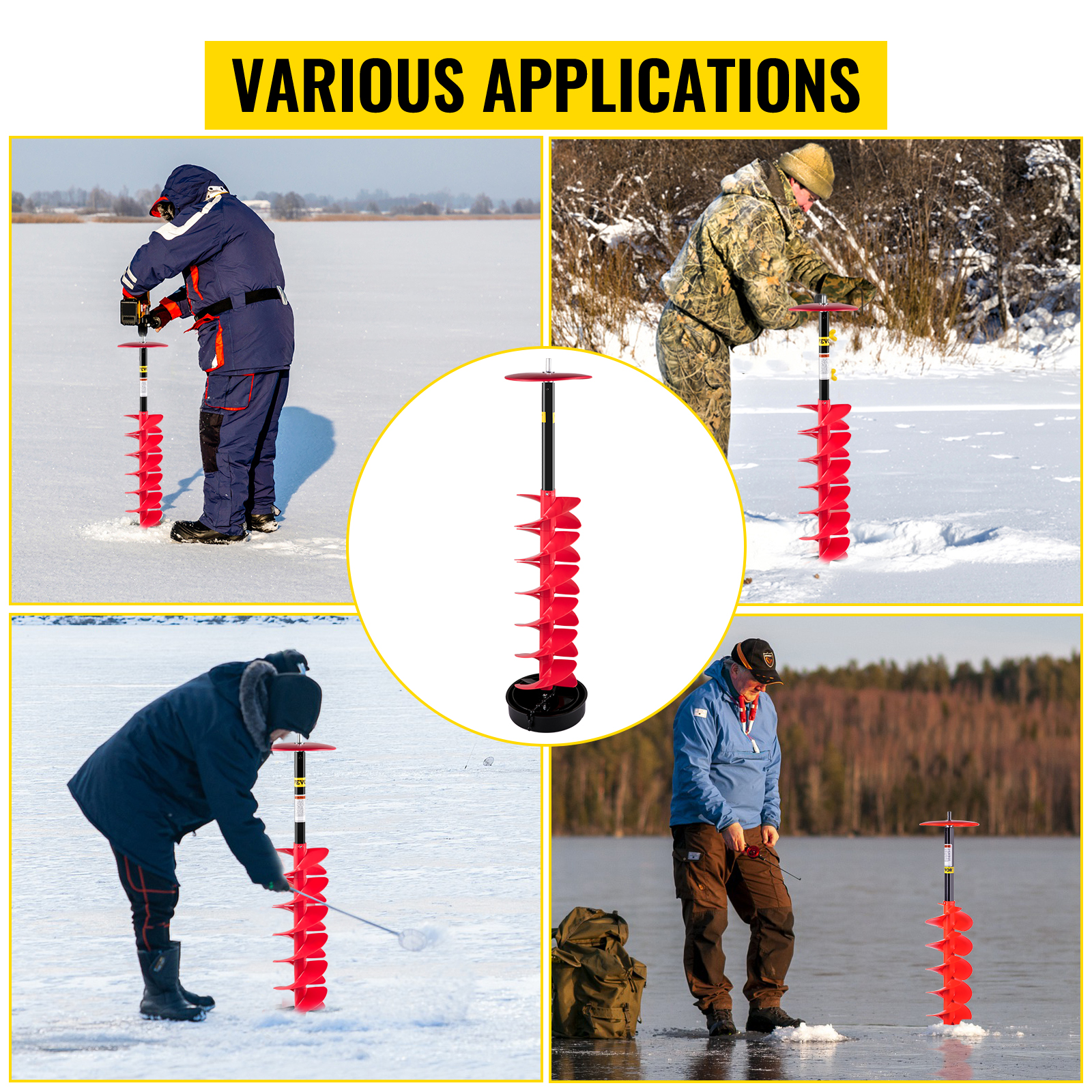 VEVOR ice drill auger used in various ice fishing applications.