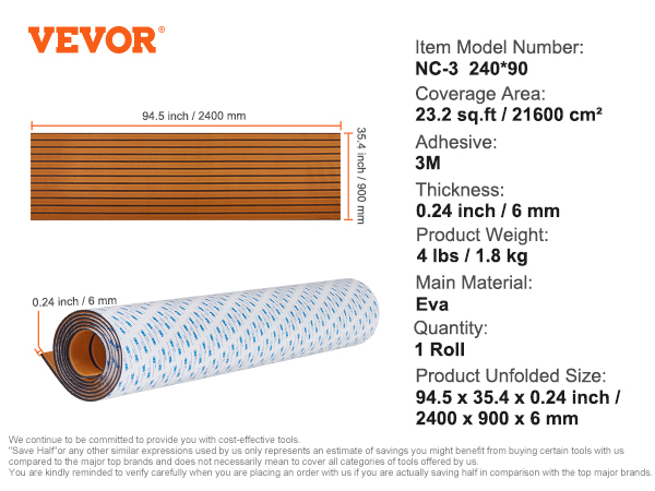 VEVOR boat flooring roll, 94.5 x 35.4 inches, 0.24-inch thick, 3m adhesive, eva material, 23.2 sq.ft coverage.