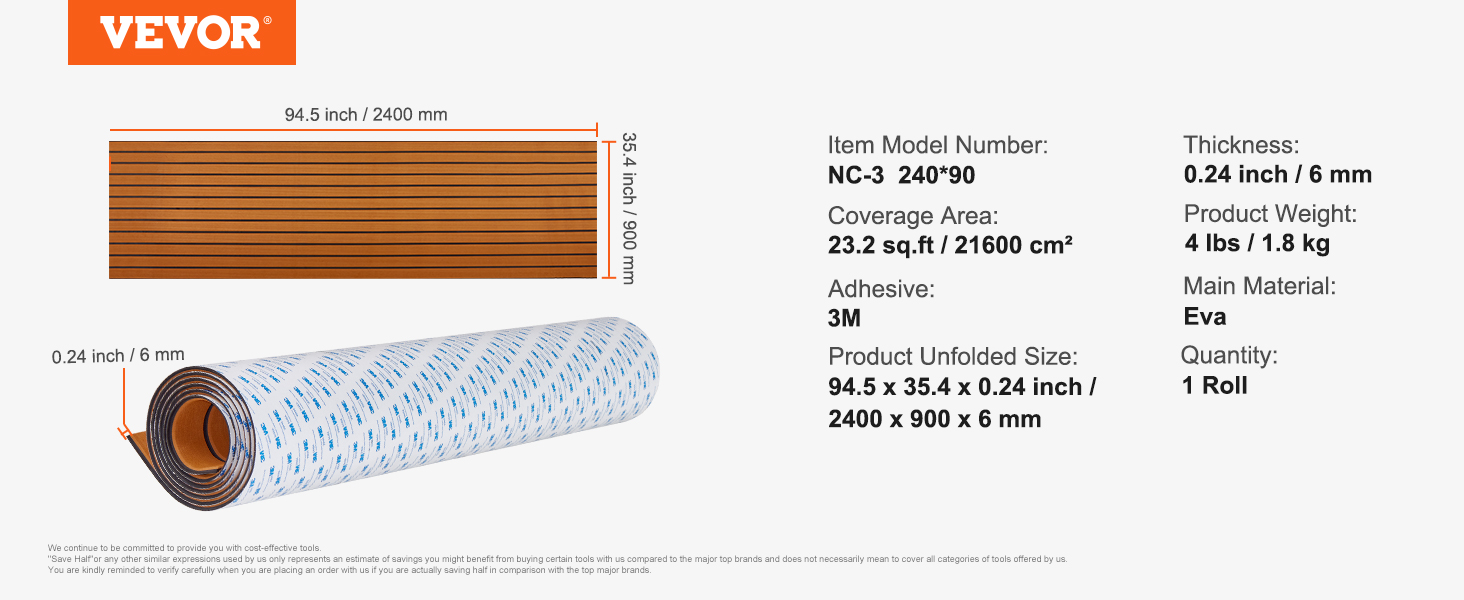 VEVOR boat flooring roll, 94.5 x 35.4 inches, 0.24-inch thick, 3m adhesive, eva material, 23.2 sq.ft coverage.
