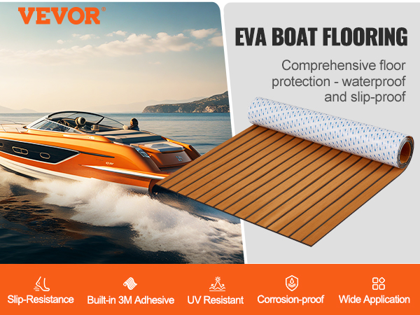 VEVOR boat flooring with eva material, waterproof, slip-resistant boat on the water.