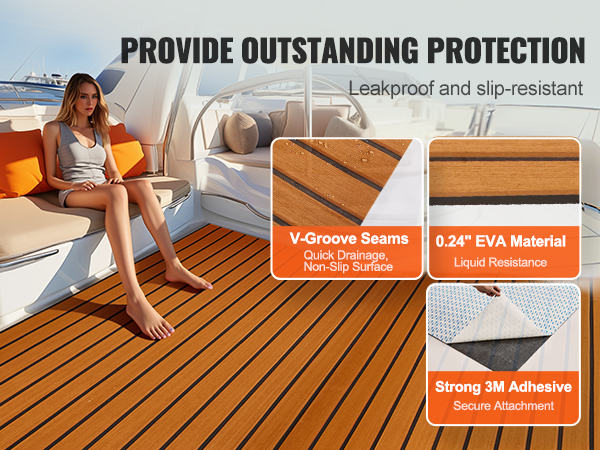 VEVOR boat flooring with v-groove seams, 0.24" eva material, and strong 3m adhesive for durability.