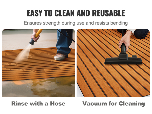 easy-to-clean VEVOR boat flooring being rinsed with a hose and vacuumed for maintenance.