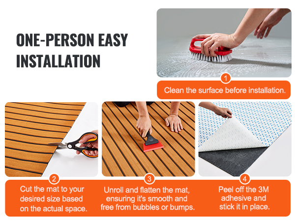 step-by-step VEVOR boat flooring installation: clean, cut, unroll, peel adhesive, apply in place.