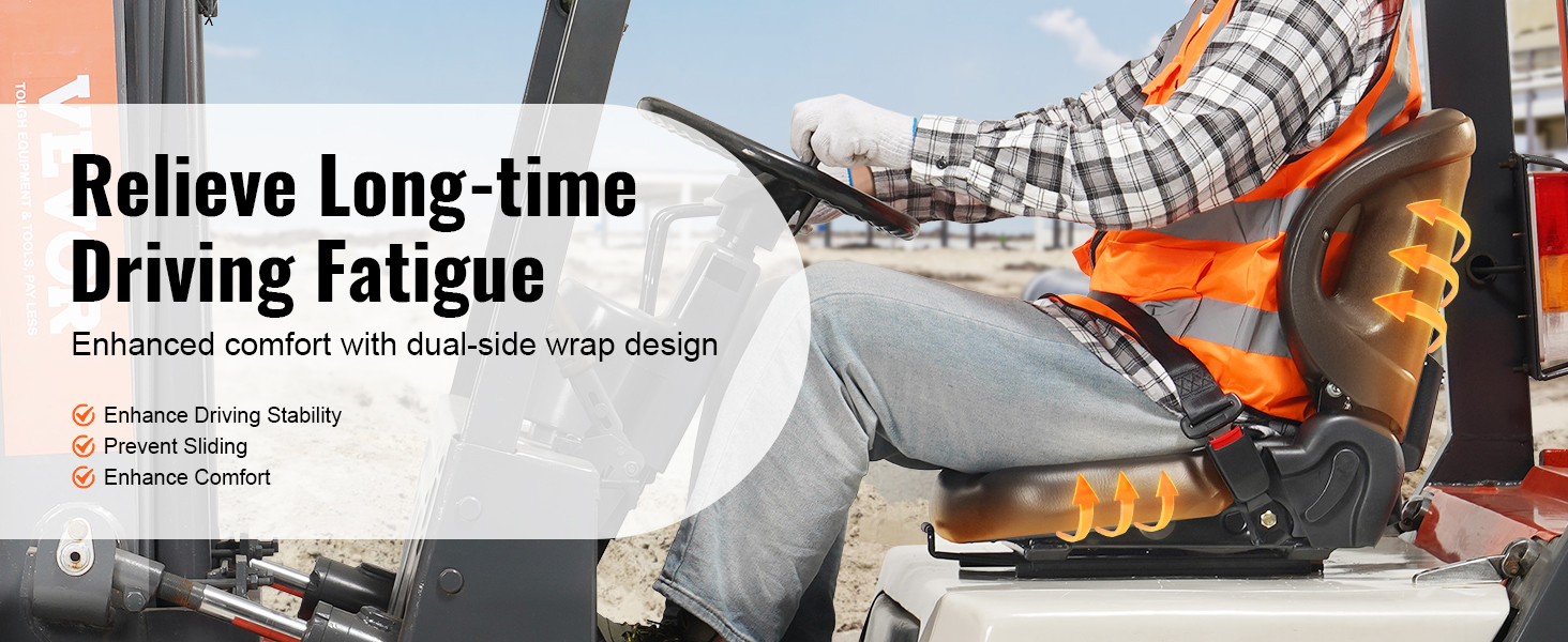 VEVOR forklift seat for enhanced comfort with dual-side wrap design and fatigue relief features.